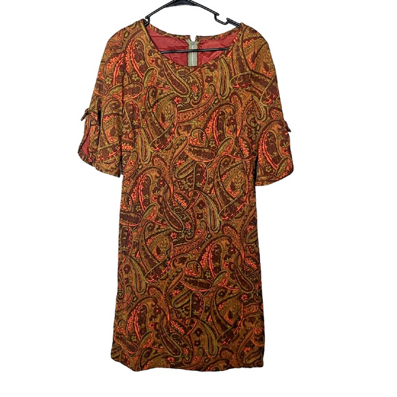 VTG 1960s Brown Tan Paisley Short Sleeve Casual Shift Dress Womans Size Small - Picture 1 of 6